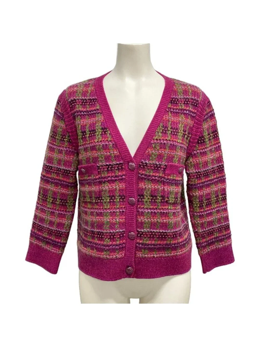 Chanel Cardigan 38 M Pink Long Sleeve Plaid Cashmere